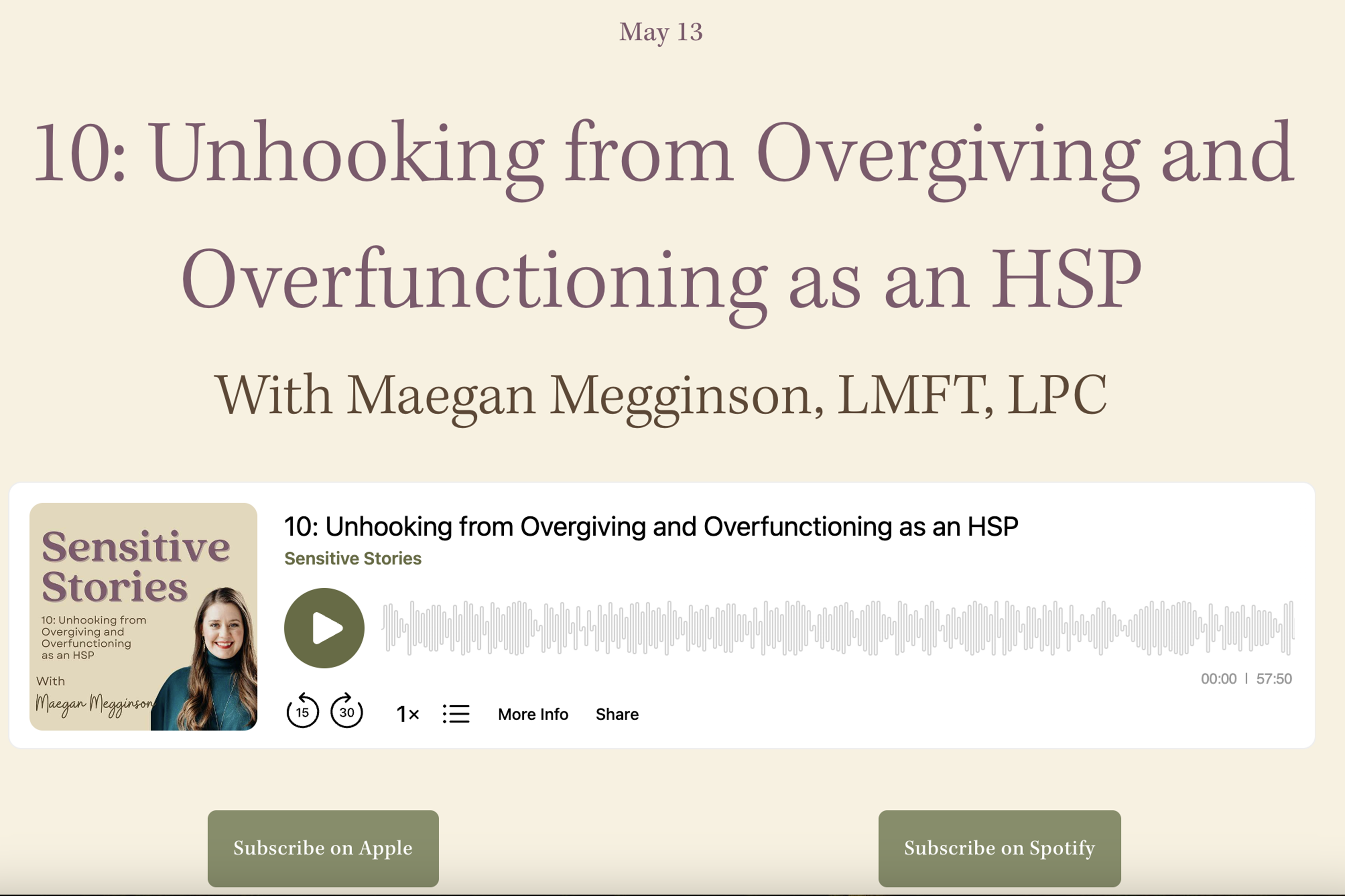 Image is a promo graphic for Sensitive Stories podcast and features a headshot of Maegan, a white woman with long brown hair and a green turtleneck shirt, and the words "Unhooking from Overgiving and Overfunctioning as an HSP."